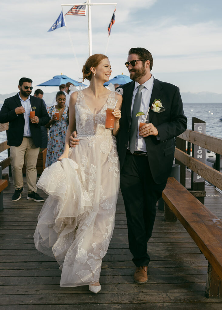 bride and groom enjoying cocktails at garwoods, lake tahoe