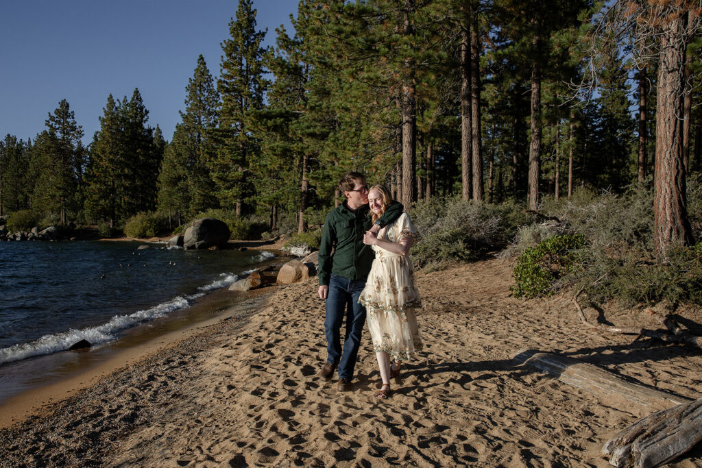 playful, romantic engagement photos at the beach of zephyr cove