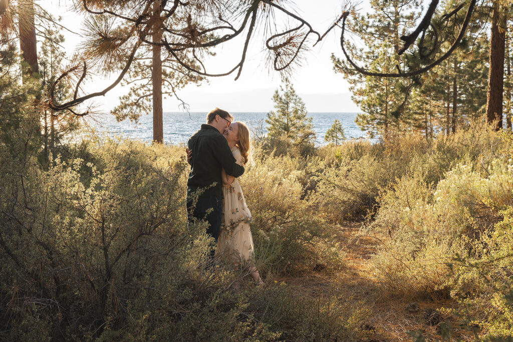 romantic engagement photos at a meadow in zephyr cove
