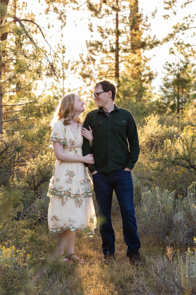 romantic engagement photos at a meadow in zephyr cove