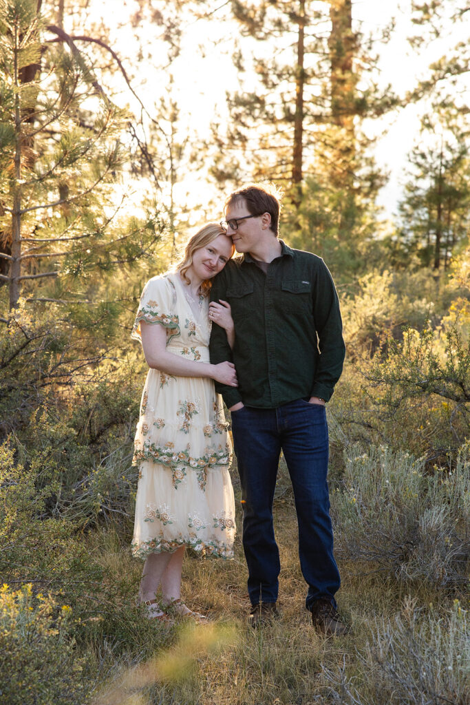 romantic engagement photos at a meadow in zephyr cove