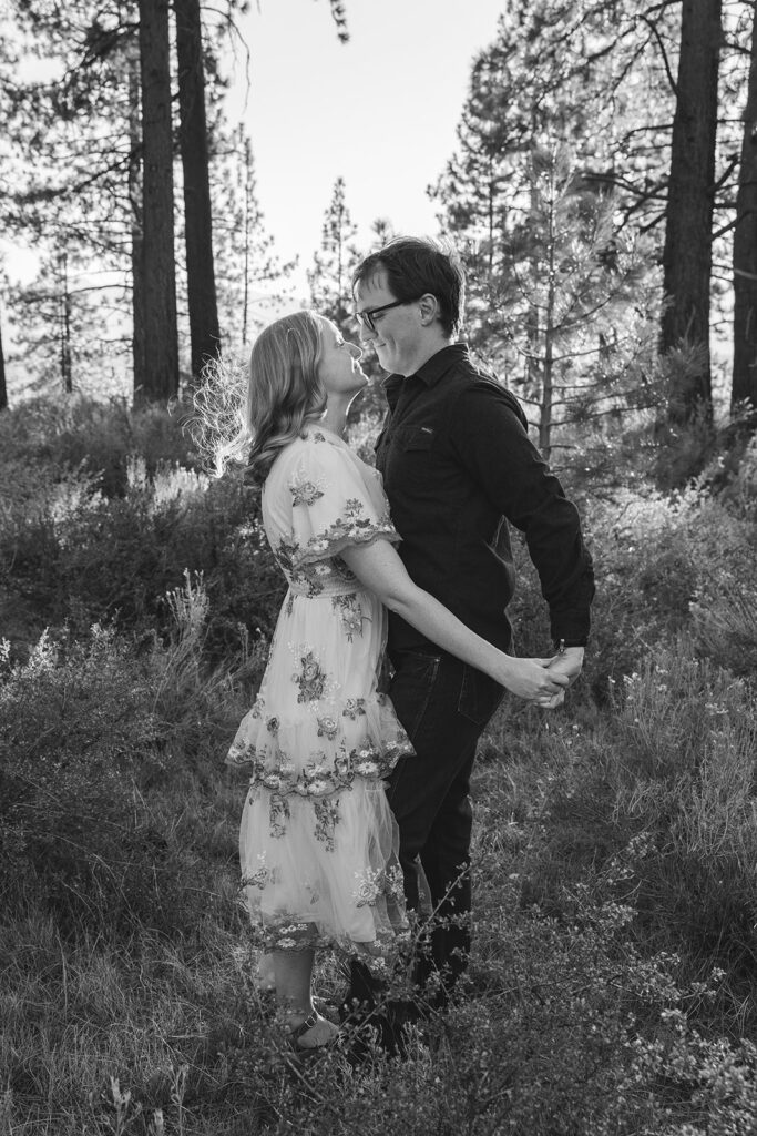 romantic engagement photos at a meadow in zephyr cove