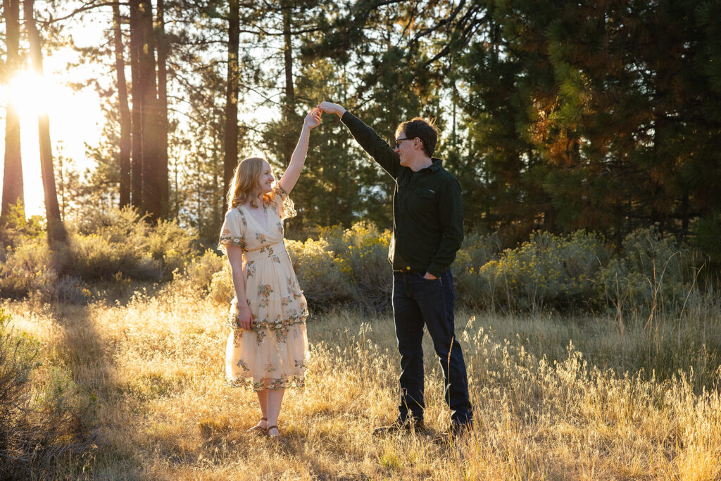 romantic engagement photos at a meadow in zephyr cove