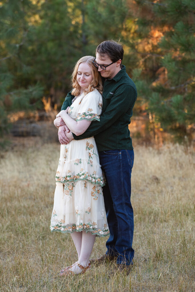 romantic engagement photos at a meadow in zephyr cove