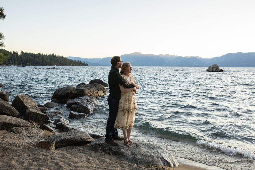 playful, romantic engagement photos at the beach of zephyr cove
