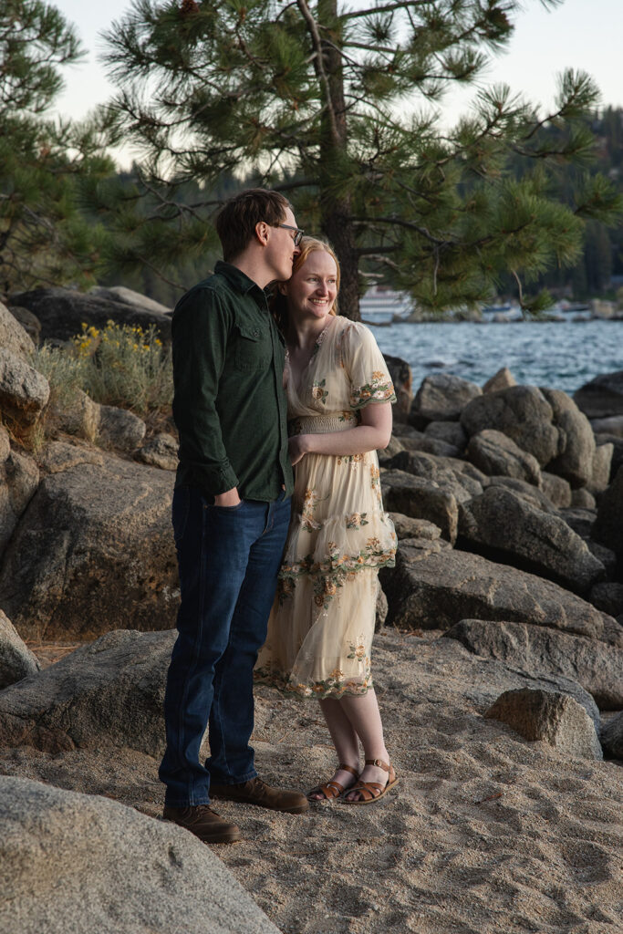 playful, romantic engagement photos at the beach of zephyr cove