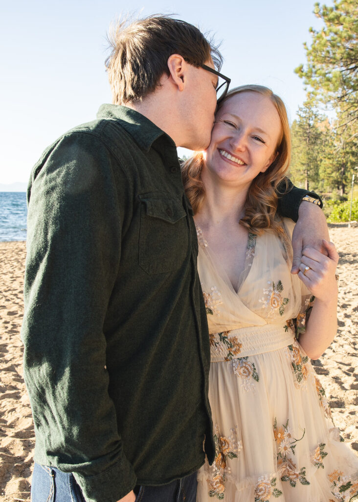 playful, romantic engagement photos at the beach of zephyr cove