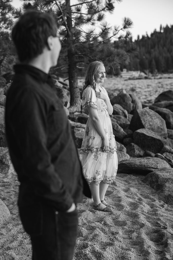 playful, romantic engagement photos at the beach of zephyr cove