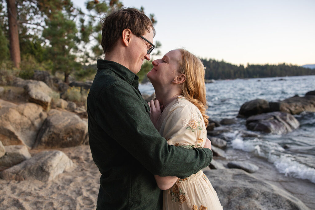 playful, romantic engagement photos at the beach of zephyr cove