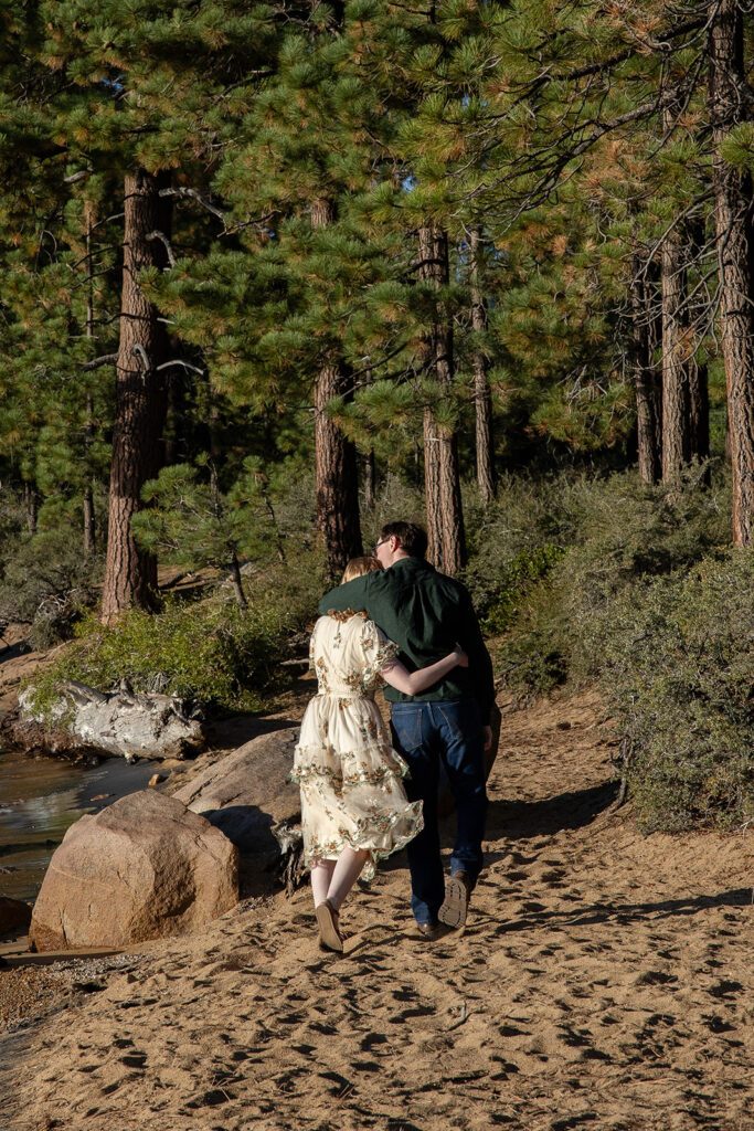 romantic engagement photos at the beach of zephyr cove