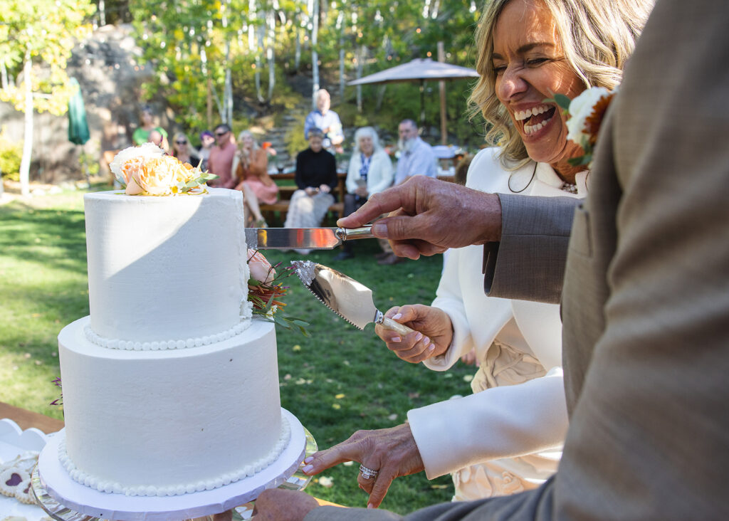 bride and groom cutting cake