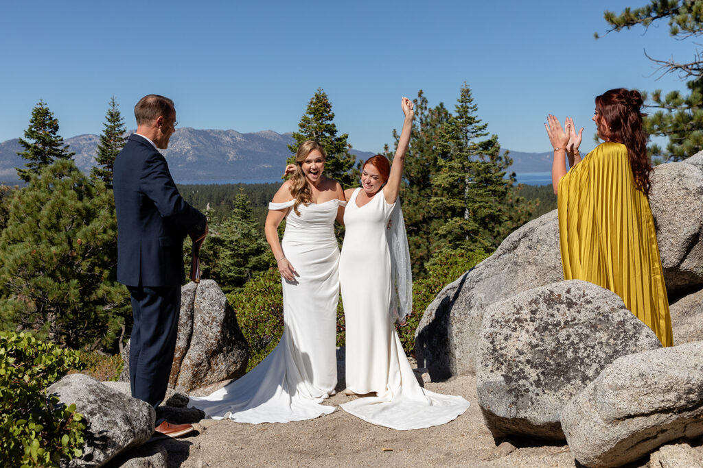sweet lesbian couple in lake tahoe for their elopement