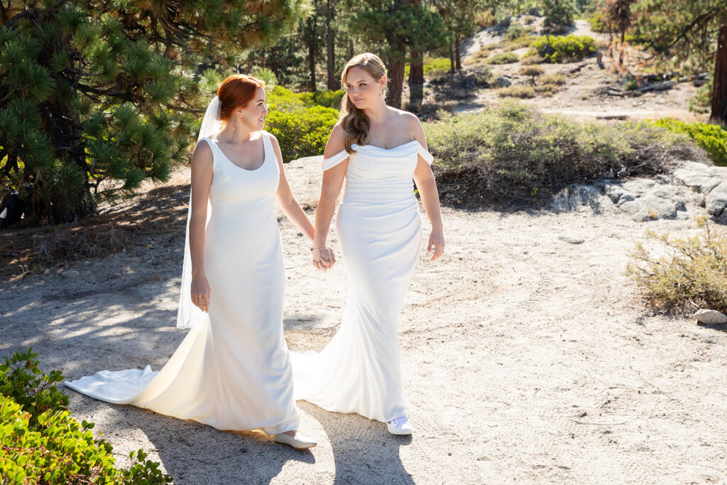 sweet lesbian couple in lake tahoe for their elopement