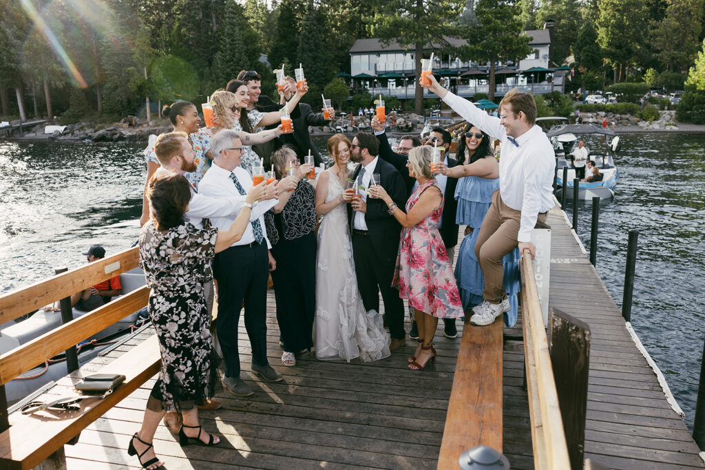 bride and groom celebrating their lake tahoe micro wedding at gar woods with their family