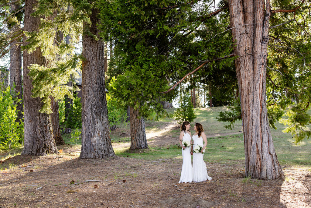 sweet brides during their lake tahoe elopement at sugar pine point state park